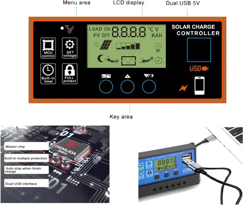 Vista 5 de Controlador de carga solar 60A, 12V/24V, pantalla LCD, parámetro ajustable, ajuste del temporizador, USB, regulador de carga automática (negro)