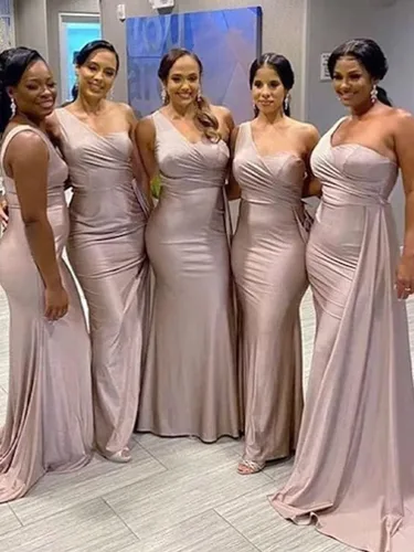 Vista 5 de Vestidos de dama de honor de un hombro, vestidos de sirena de satén, vestidos de baile de graduación, vestidos largos formales de noche con cola