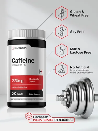 Vista 5 de Horbäach Píldoras de cafeína de 200 mg con té verde 200 tabletas Vegetarianas, sin OMG y sin gluten