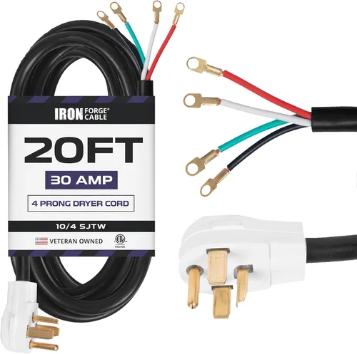 Vista 10 de Cable de hierro forja de 4 puntas para secador, 4 pies, color negro Cable 10/4 STW, enchufe NEMA 14-30, 30 Amp, negro - Para secadoras