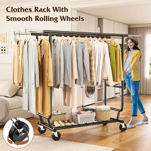 Vista 6 de Raybee Perchero de Ropa Carga 630LBS, Perchero de Ropa Resistente, Percheros Rodantes de Ropa para Colgar Ropa con Ruedas, Perchero de Ropa Negro