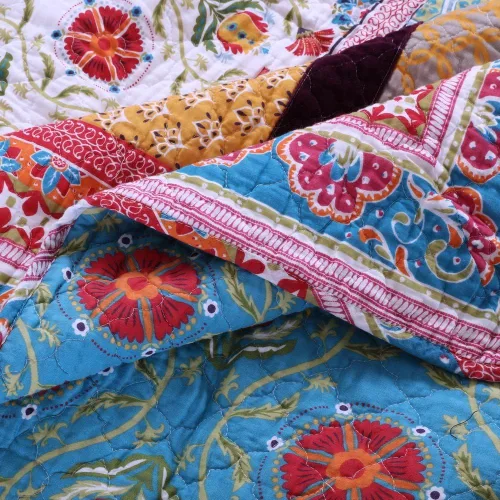 Vista 5 de Edredón conjunto 100% algodón - 3 piezas con reversible estilo bohemio retro impreso con patrones de flores, mandala, medallón geométrico azul rojo
