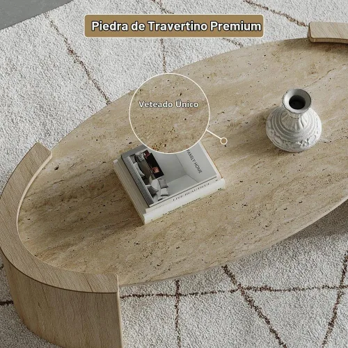 Vista 5 de homary Mesa de Centro Ovalada Japandi de 43 pulgadas con Superficie de Piedra Travertina – Mesa de Centro Ovalada de Doble Pedestal con Superficie