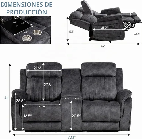 Vista 2 de Zero Gravity - Sofá biplaza reclinable eléctrico con reposacabezas ajustable, sofá reclinable eléctrico con consola, sofá reclinable eléctrico