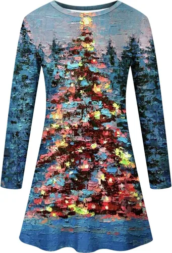 Vista 2 de Vestido de Navidad para mujer, estampado de árbol de Navidad en 3D, vestido de manga larga, vestido tipo camiseta, vestido casual de vacaciones