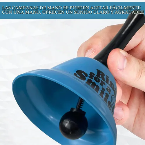 Vista 2 de Campana de mano de metal azul – Campana de aula de 5.3 pulgadas para escuelas, oficinas, hoteles