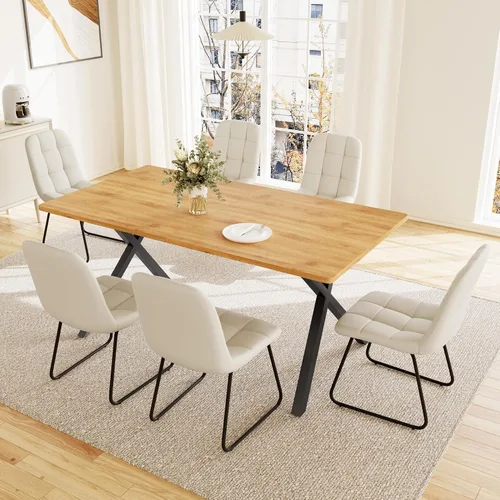 Vista 16 de HIPIHOM Mesa de comedor moderna de 63 pulgadas para 6 personas, mesa de cocina rectangular grande con patas en forma de X, muebles de comedor