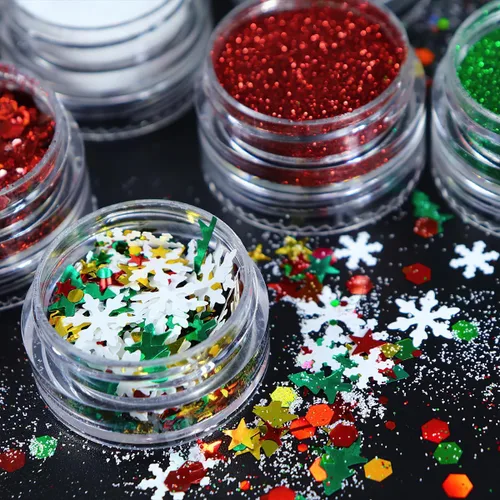 Vista 5 de Dijes de uñas de Navidad con purpurina en polvo rojo y verde para uñas, lentejuelas, holográfico, blanco, diamante, hielo, aurora, azúcar, arena