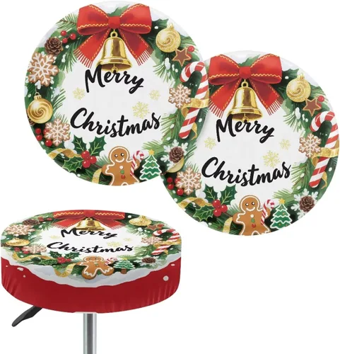 Vista 41 de Juego de 2 fundas redondas para taburetes de Navidad, color azul, diseño de ciervos de Navidad, fundas de cojín elásticas para taburetes de silla