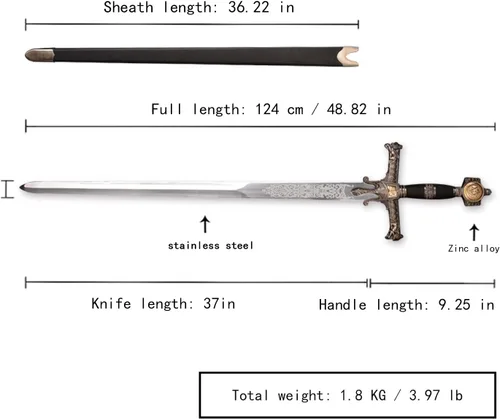 Vista 2 de Espada fort 48.8" KingSolomon, espada de caballero medieval clásica de metal real, espadas bíblicas de todo metal, roja/marrón