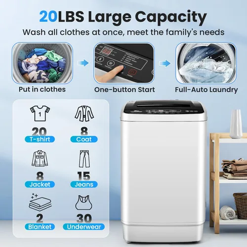 Vista 3 de Nictemaw Lavadora portátil de 20 libras, lavadora de carga superior completamente automática de 2.8 pies cúbicos con 4 programas, 4 niveles de agua