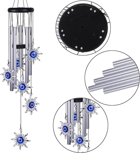 Vista 2 de Campanillas de viento azules con ojo maléfico para decoración exterior, atrapavientos móvil con sol y ojo maléfico, campanas de viento con sol y ojo