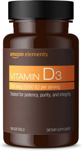 Vista 5 de Amazon Elements Vitamina B12 Metilcobalamina 5000mcg, 65 pastillas con sabor a bayas, suministro de 2 meses y vitamina D3, 5000 UI, 180 cápsulas