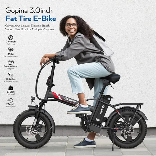 Vista 4 de Vivi Gopina Electric Bike, 16" x 3.0 Fat Tire Electric Bike, Peak 500W Step Thru Electric Bicycle, 48V Removable Battery, Up to 40 Miles, LCD
