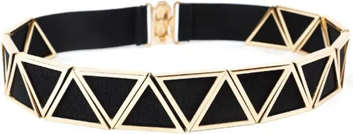 Vista 2 de Cinturón elástico ancho de metal triangular para mujer para vestidos cinturones elásticos con hebilla entrelazada, Oro