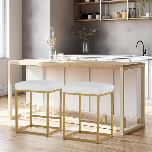 Vista 3 de Juego de 2 taburetes de bar de oro blanco para encimera de cocina, 24 pulgadas, sin espalda, modernos y elegantes, taburetes tapizados de piel