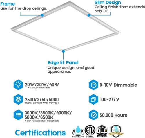 Vista 2 de Panel de luces LED de marco iluminado de 2 x 2 pies, 5CCT seleccionable 3000K-6500K, 2600/3900/5200LM, interruptor de 20W/30W/40W, luces de techo