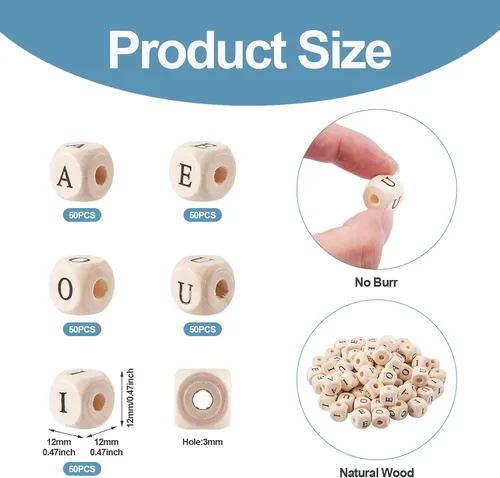 Vista 7 de KISSITTY 250 cuentas de madera con letras vocales de 0.472 pulgadas, cubo A E I O U inicial del alfabeto con agujero grande, cuentas espaciadoras
