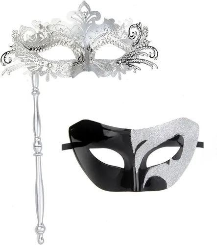 Vista 2 de IETANG Juego de máscaras venecianas de Mardi Gras para parejas con collar y pajarita