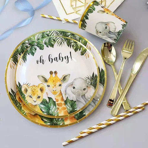 Vista 5 de Platos para baby shower de safari, decoración dorada de animales de la selva para 24 invitados, suministros temáticos de safari en la selva, platos