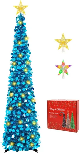 Vista 23 de MACTING Árbol de Navidad desplegable con 50 luces LED con temporizador, 5 pies, árbol de lápiz de oropel plegable de fácil montaje, árbol artificial