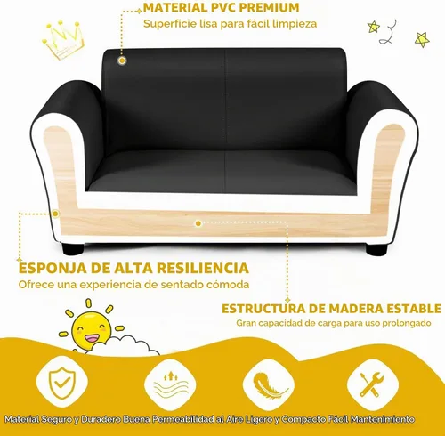 Vista 4 de INFANS Sofá infantil de 2 asientos con reposapiés, construcción de madera resistente, sillón con reposabrazos para niños en edad preescolar, sofá