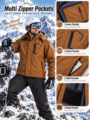 Vista 4 de ELLSWOS Chaqueta de esquí impermeable para hombre, abrigo de nieve de invierno, impermeable cálido con capucha, cortavientos Marrón