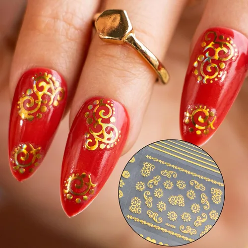 Vista 3 de 30 hojas de calcomanías de arte de uñas doradas, autoadhesivas 3D, calcomanías de diseño de uñas, gotas de agua, línea de flores, estrellas