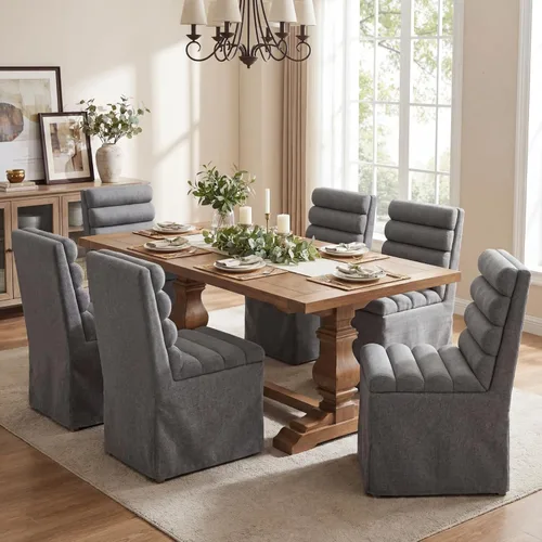 Vista 7 de CIMOTA Juego de 2 sillas de comedor tapizadas, sillas de comedor de tela moderna con respaldo alto cilíndrico/funda con faldón, sillas de cocina sin
