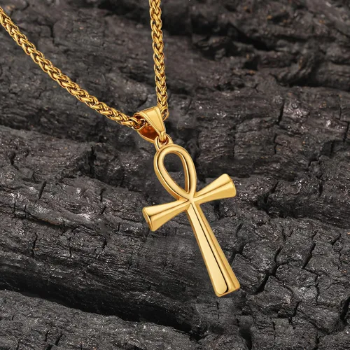Vista 2 de Collar con colgante de cruz de Ankh copta egipcia antigua de acero inoxidable para niños, mujeres y hombres, en cadena Rolo de 24 pulgadas