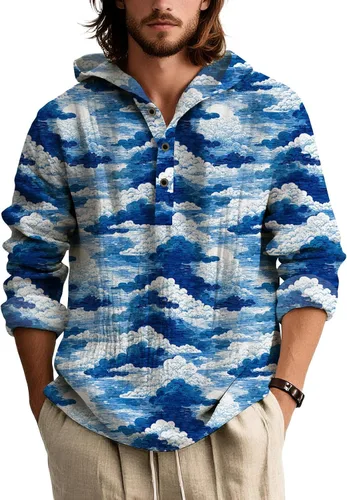 Vista 17 de Sudadera con capucha para hombre, de gran tamaño, elegante, vintage, con botones, casual, de manga larga, sudadera con capucha