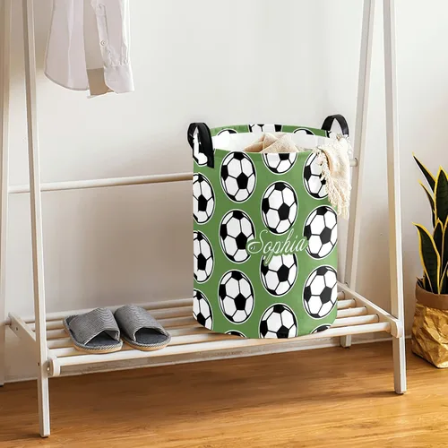 Vista 4 de Cesta de lavandería grande verde fútbol con nombre personalizado, bolsa de ropa plegable, cesta de tela plegable para regalo, 19.69 pulgadas
