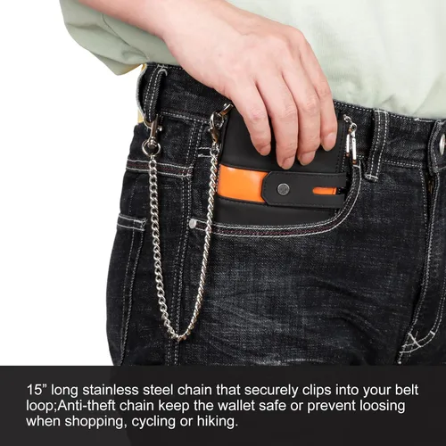 Vista 2 de gzcz Billeteras para hombre con cadena de cuero genuino plegable para hombre Rfid bloqueo monedero con tarjeta de crédito, BP901-Negro con Naranja