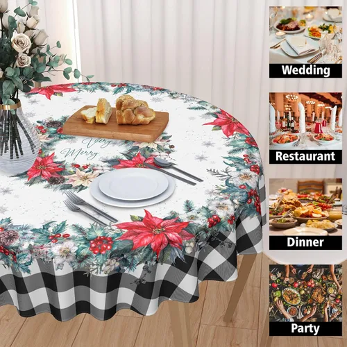 Vista 4 de Mantel de Navidad de Pascua redondo de 60 pulgadas, diseño de copos de nieve de búfalo negro, lavable, resistente a las arrugas, resistente a