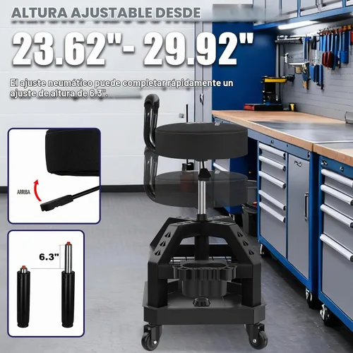 Vista 4 de Taburete rodante de taller con ruedas, taburete mecánico de trabajo de garaje resistente con respaldo, altura ajustable, silla giratoria de 360°