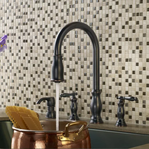 Vista 7 de Pfister Hanover - Grifo de cocina con rociador desplegable y dispensador de jabón, 2 mangos, 4 agujeros, arco alto, acabado en bronce toscano
