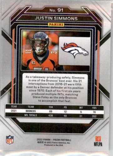 Vista 2 de 2022 Panini Prizm #91 Justin Simmons Denver Broncos NFL Football Trading Card