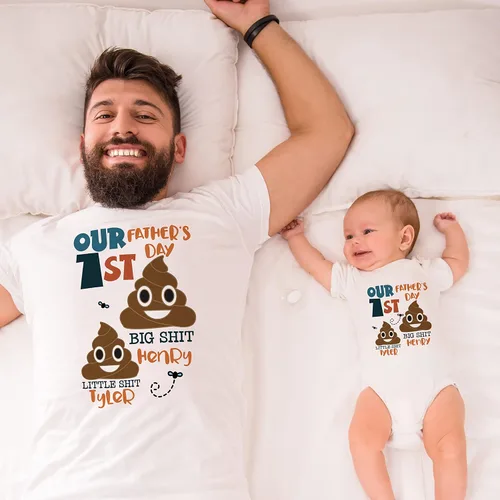 Vista 4 de Regalos del primer día del padre trajes a juego camiseta de papá personalizada y mono para bebé 6 diseños Camisas a juego de padre hijo camisa