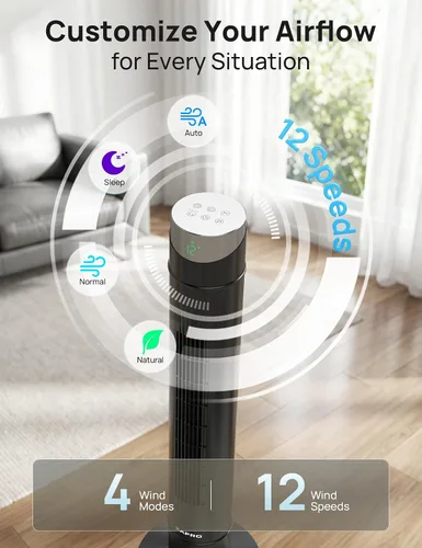 Vista 18 de ZAFRO Ventilador de torre inteligente para dormitorio, ventilador de torre oscilante de 120°, 28 pies/s de alta velocidad, 12 velocidades, 4 modos