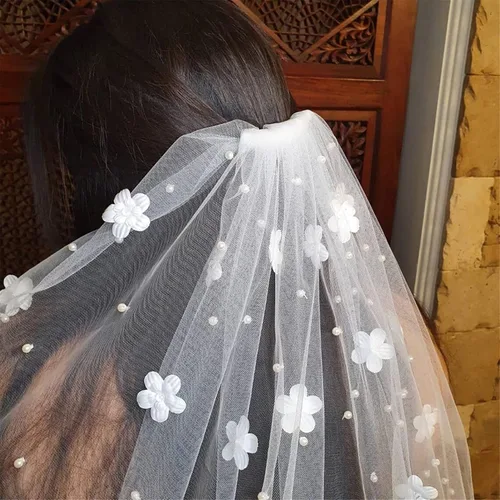 Vista 2 de Velos de novia para la catedral de boda 3D apliques de flores 1 nivel con peine
