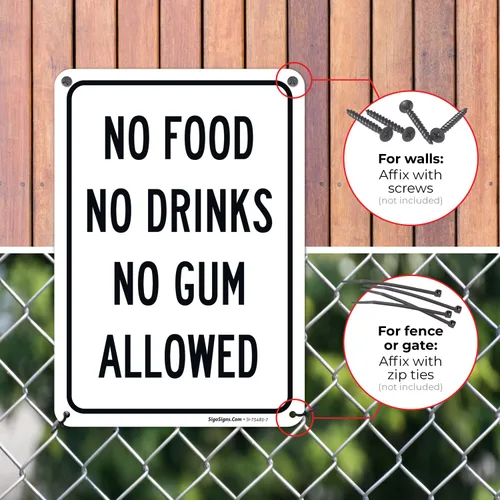 Vista 4 de Letrero de No Food No Drinks No Gum Allowed, 10 x 7 pulgadas, libre de óxido, aluminio 040, resistente a la decoloración, fabricado en Estados