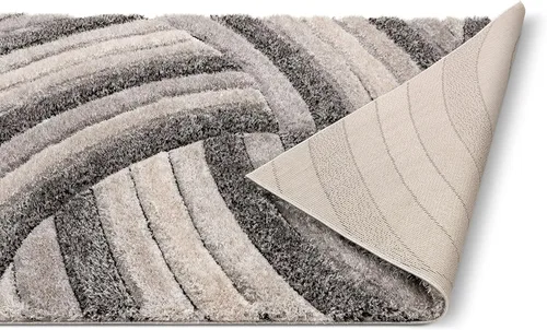 Vista 6 de Tapete peludo de felpa suave con textura en 3D, diseño de rayas geométricas, color azul y gris, grueso y suave