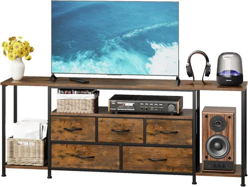 Vista 7 de Soporte de TV para televisores de hasta 75 pulgadas, mesa consola industrial de TV con 5 cajones de tela y 3 estantes abiertos, centro