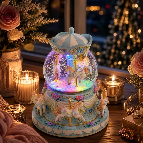 Vista 2 de Caja de música de carrusel, globo de nieve de caballo, cajas musicales pintadas a mano, luz de color, regalo para niñas, mujeres, niños, hermana