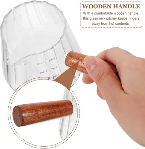 Vista 6 de Taza medidora de vaso de chupito de café expreso, jarra triple de 6 onzas, taza de leche con mango de madera, lado de vidrio, para tetera de té