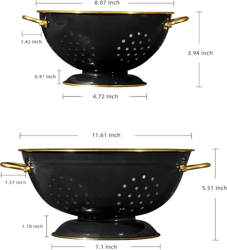 Vista 2 de Juego de 2 coladores de metal, 3,3 L con recubrimiento en polvo, base de anillo sólido autodrenante, colador grande de metal para cocina, pasta