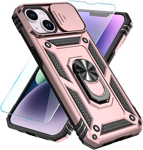 Vista 6 de SunStory Compatible con iPhone 13 Case/iPhone 14 Case con Protector de Pantalla HD y Cubierta de Cámara Deslizante y Soporte de Anillo Giratorio