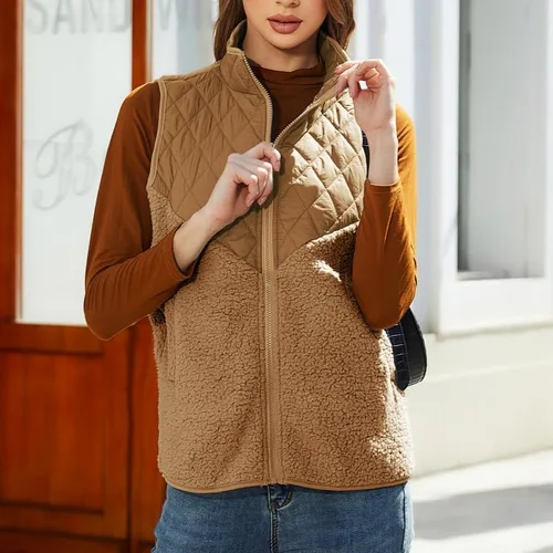 Vista 5 de Vipwest Chaleco sherpa de forro polar mullido para mujer, para otoño e invierno, con cuello alto, ligero, sin mangas, (S-5XL)