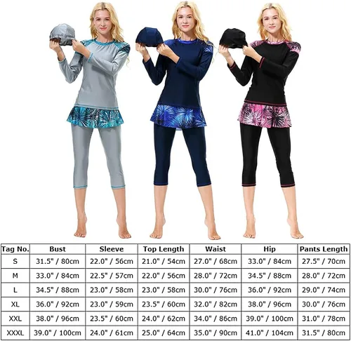 Vista 6 de Traje de baño burkini para mujer, modesto musulmán, traje de baño islámico, manga larga, cubierta completa, hiyab con falda y pantalones capri