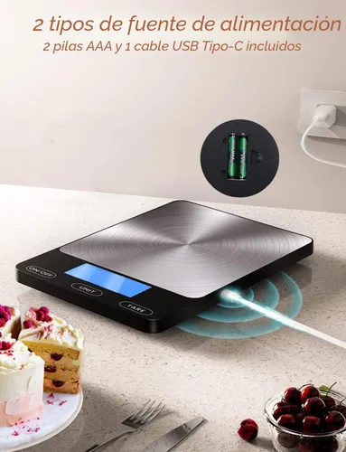 Vista 3 de Báscula de alimentos - Báscula de cocina digital de 33 libras para gramos y onzas de alimentos, recargable, acero inoxidable 304, baterías y carga